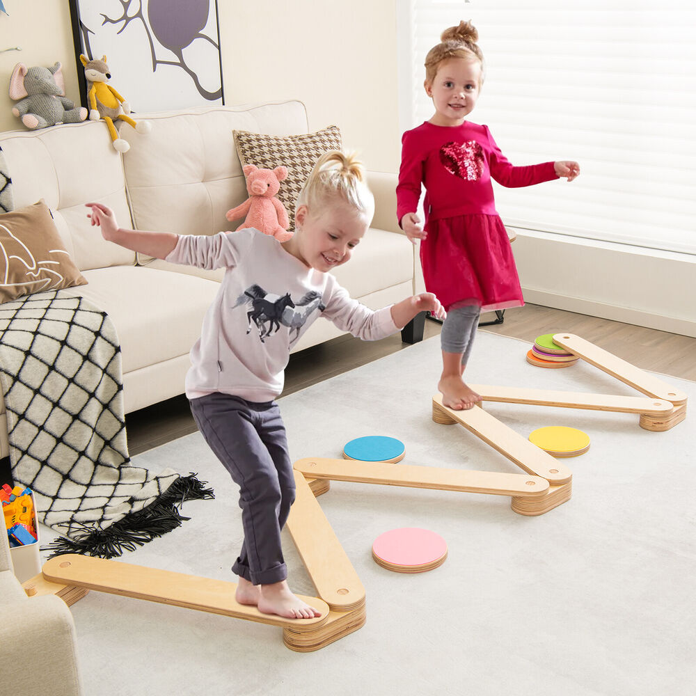 Kids Wooden Balance Beam Set with Colorful Stepping Stones childrensterritory