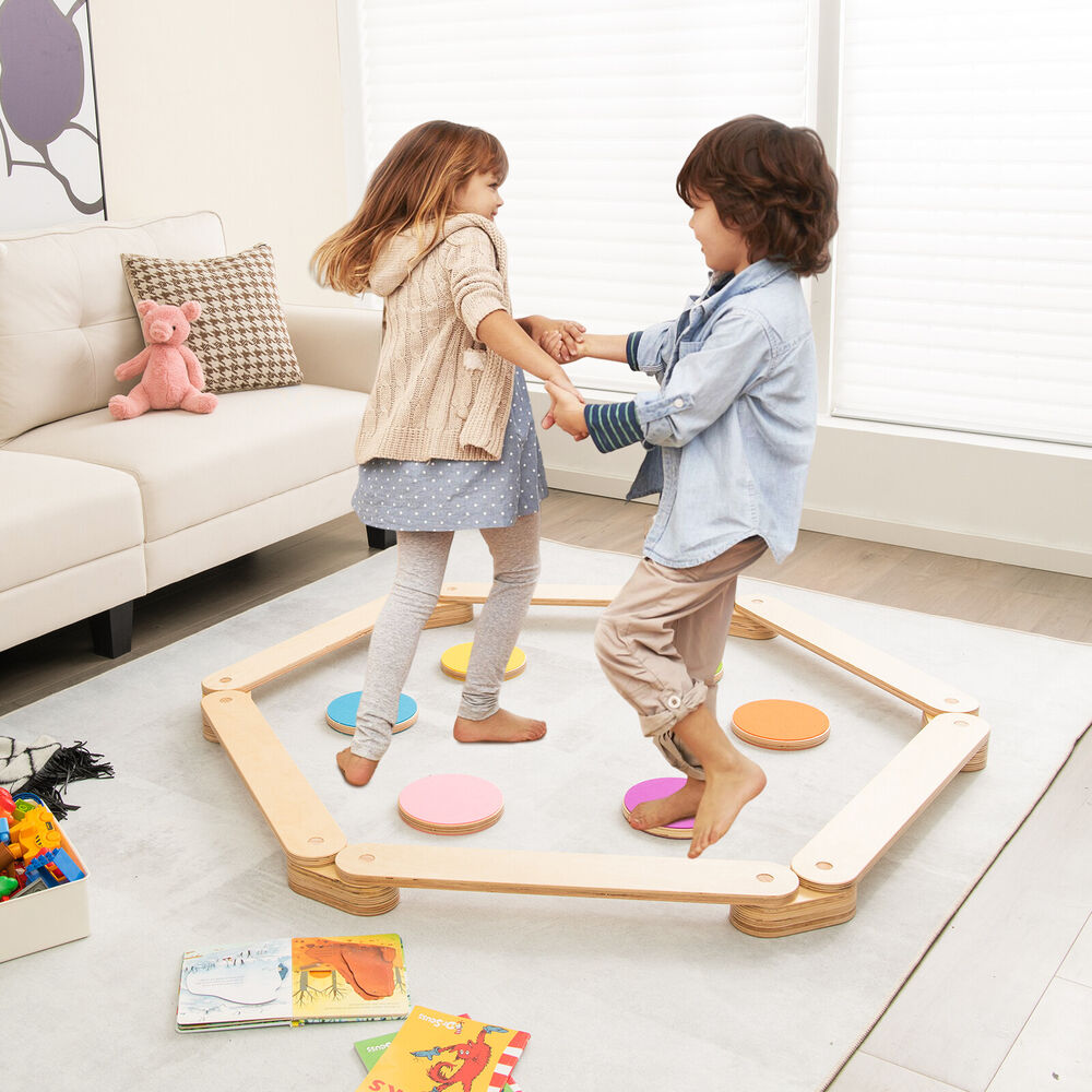 Kids Wooden Balance Beam Set with Colorful Stepping Stones childrensterritory