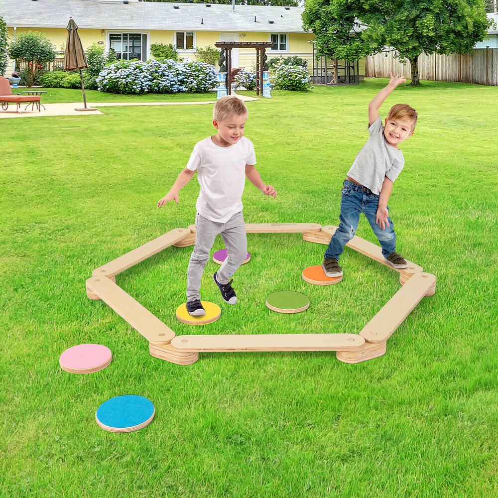 Kids Wooden Balance Beam Set with Colorful Stepping Stones childrensterritory