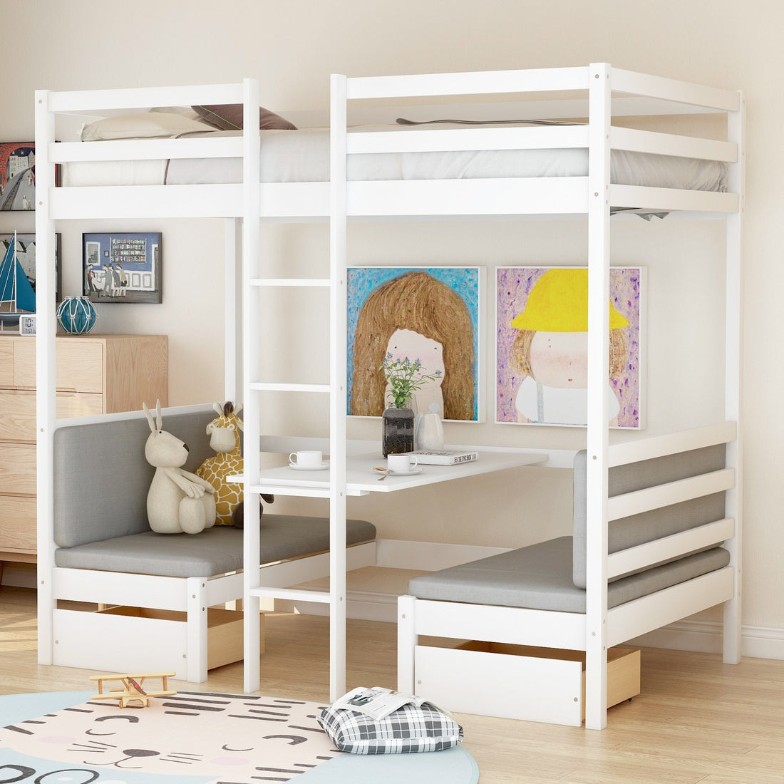 Multi-functional Loft Bed Frame With Free Cushion Sets childrensterritory
