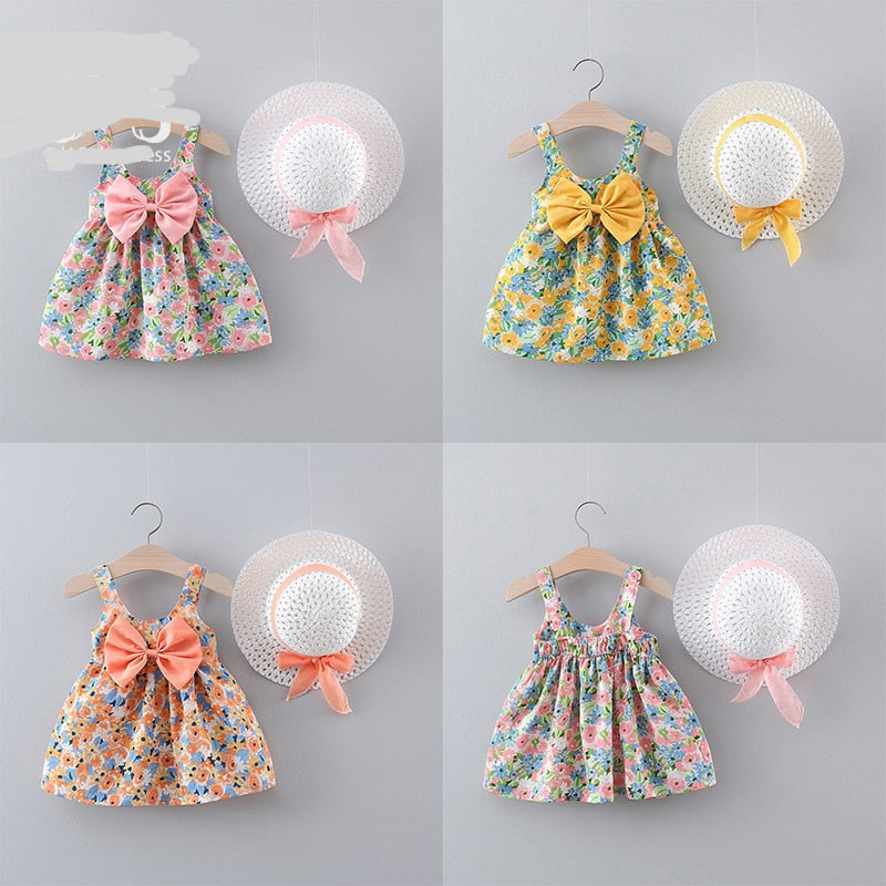 2Pcs/Set Baby Girl Summer Beach Dress + Hat childrensterritory