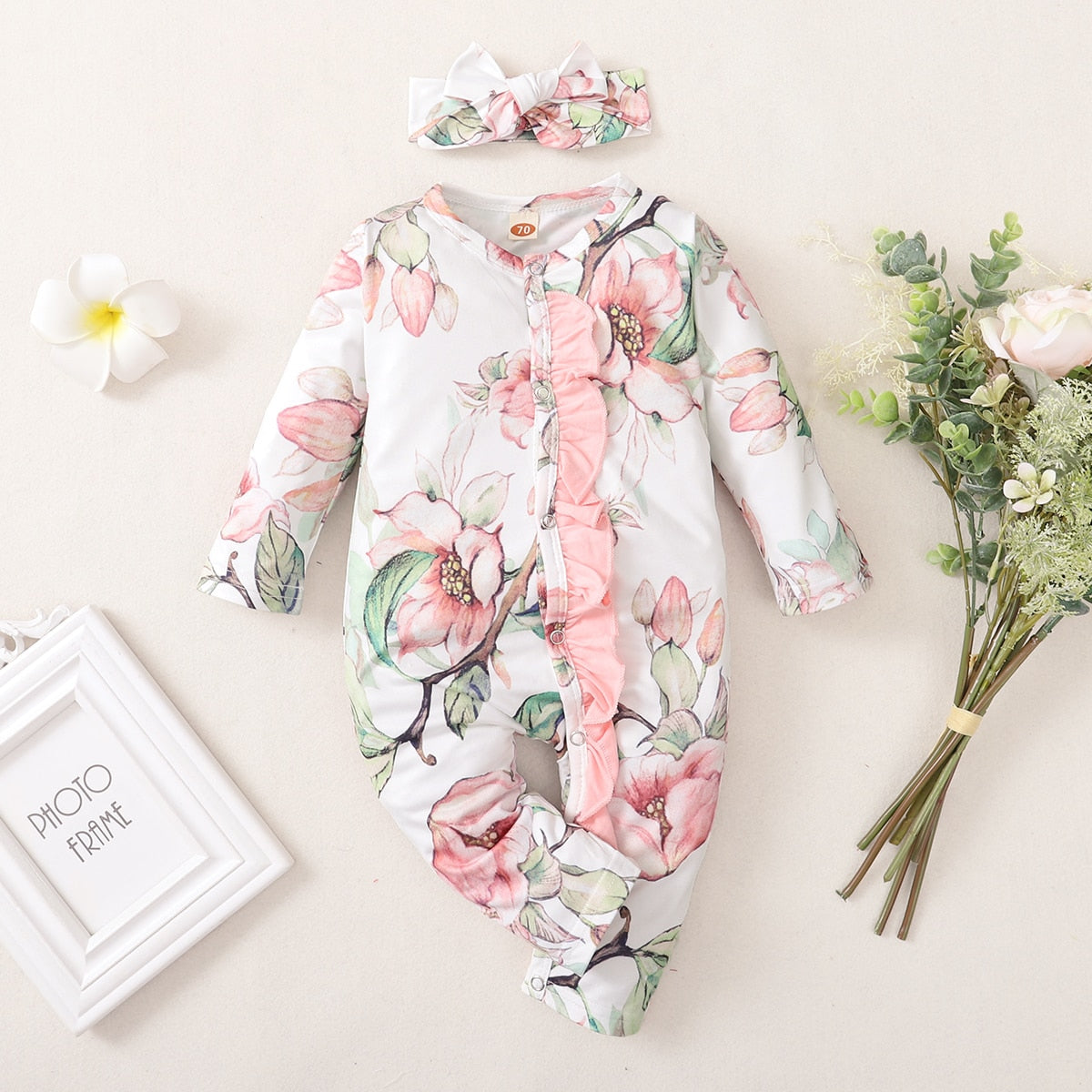 Baby Girl Floral Bodysuit with Bow-knot Headband childrensterritory