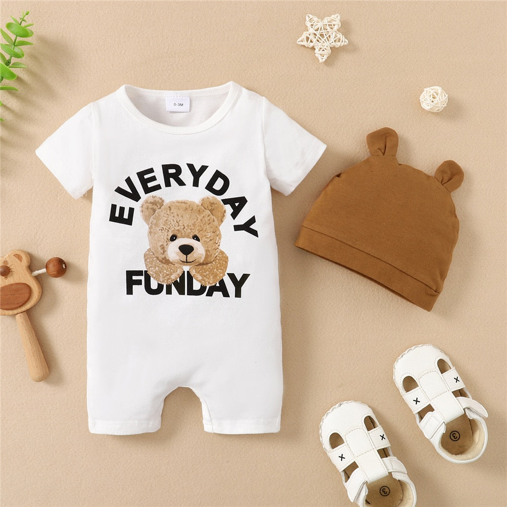 Newborn Baby Cartoon Print Summer Romper & Hat childrensterritory