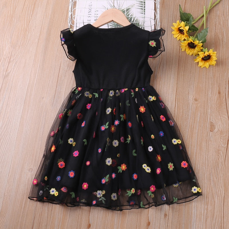 Kids Girls Floral Mesh Dress with Flying Sleeves childrensterritory