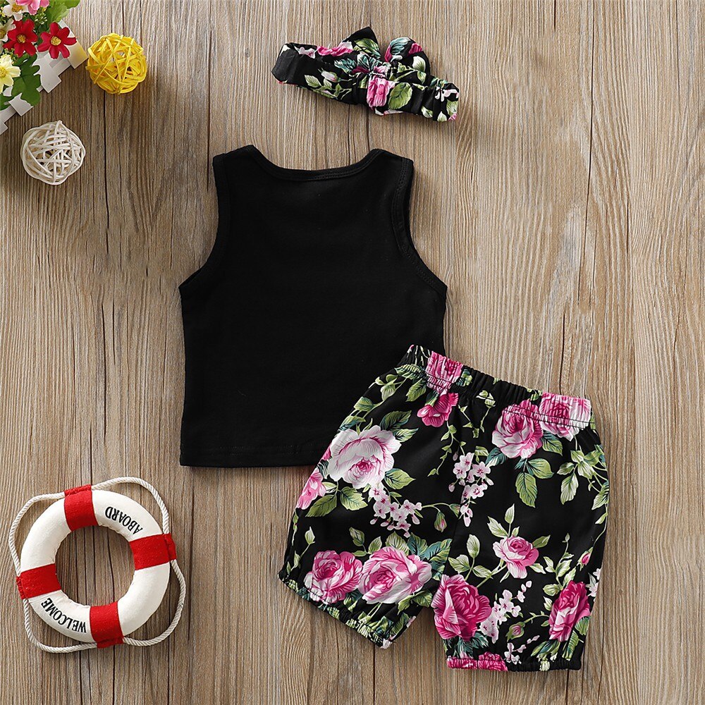 Baby Girl Letter Printed Vest+Floral Shorts 3PCS Outfit Set childrensterritory