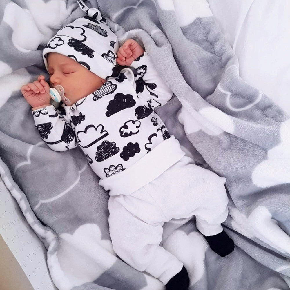 3PCS Cloud Print Top & Pant Unisex Baby Clothes Set childrensterritory