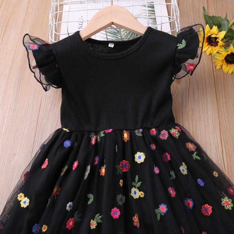 Kids Girls Floral Mesh Dress with Flying Sleeves childrensterritory
