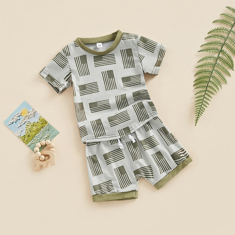 Baby Boy Flag Print Top + Drawstring Shorts Suit Set childrensterritory