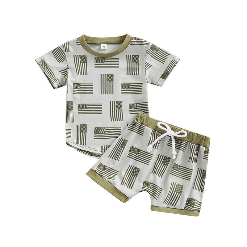 Baby Boy Flag Print Top + Drawstring Shorts Suit Set childrensterritory
