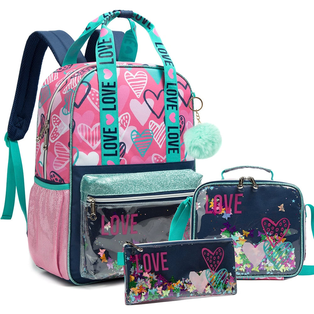 Kids Girls Love Print Sequin 3pcs School Backpack/Bag Set childrensterritory