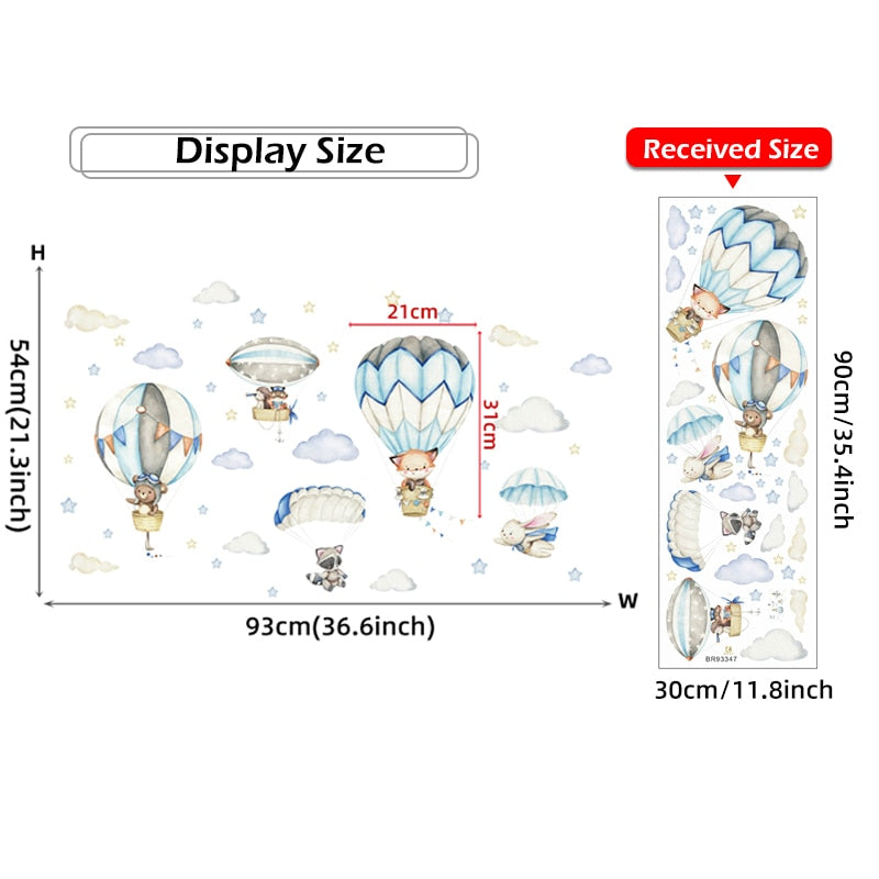 Watercolor Cartoon Hot Air Balloon Wall Decals for Kids&