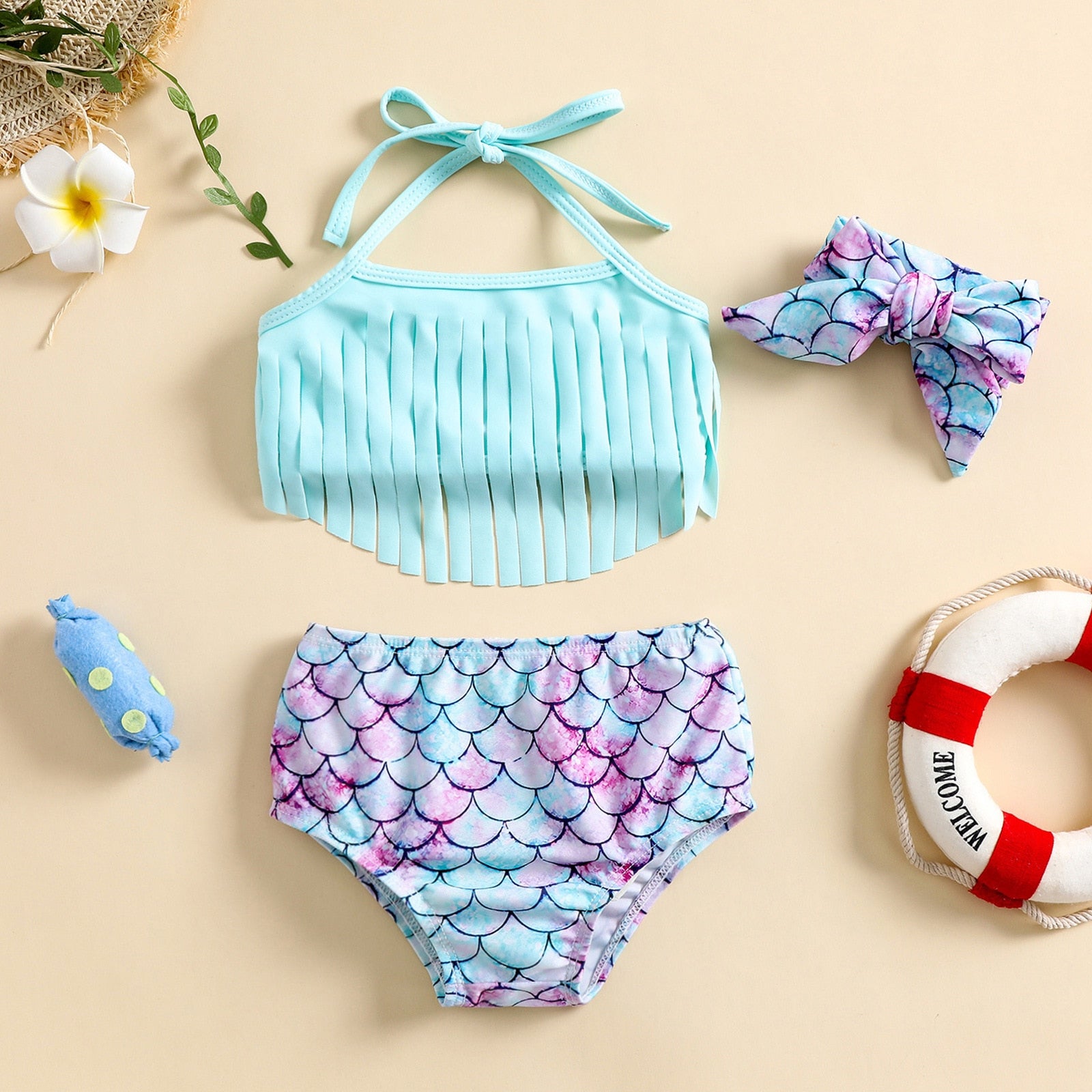 Baby Girl Halter Tassel Tops + Printed Bottom and Headband Set childrensterritory
