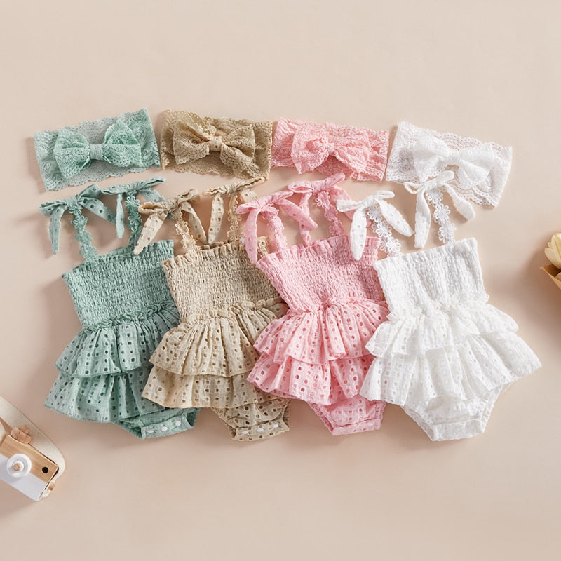 Baby Girl Hollow-Out Sling Bodysuits with Headband Set childrensterritory