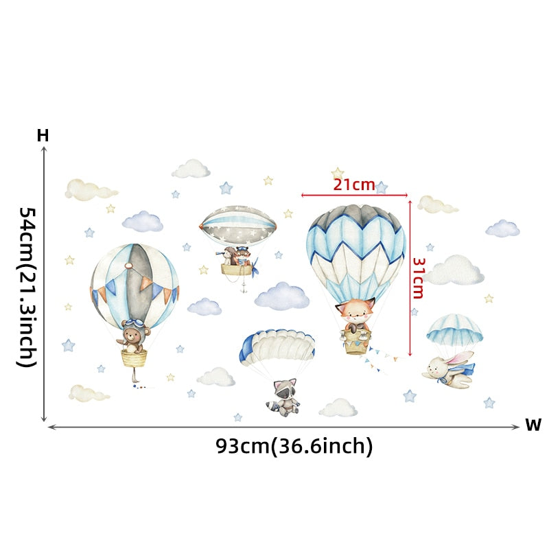 Watercolor Cartoon Hot Air Balloon Wall Decals for Kids&