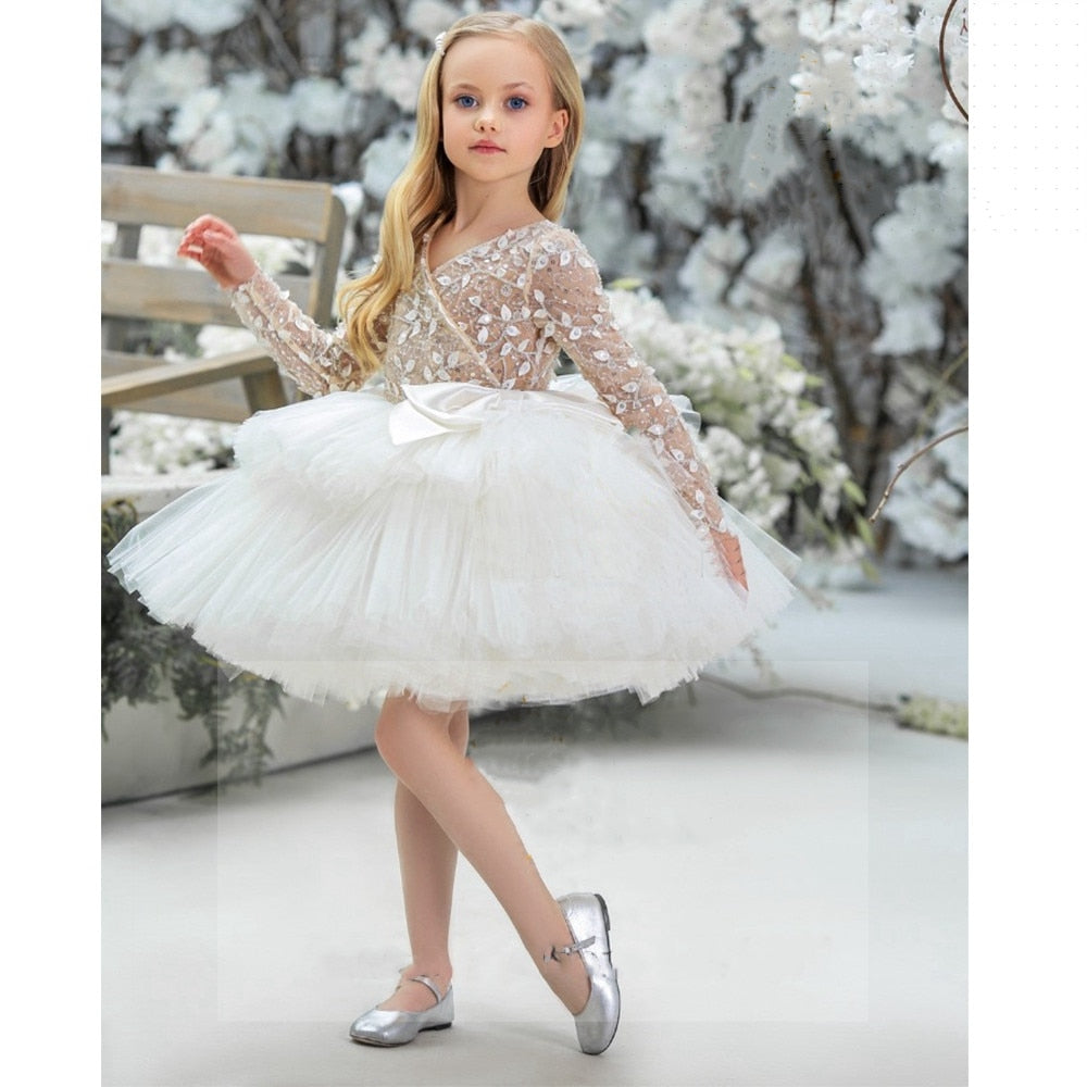 Baby/Kids Girls White V Neck Puffy Beading Tulle Dress childrensterritory