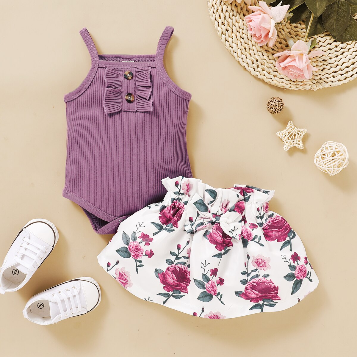 Romper & Floral Skirt Baby Girls 2pcs Outfit Sets childrensterritory