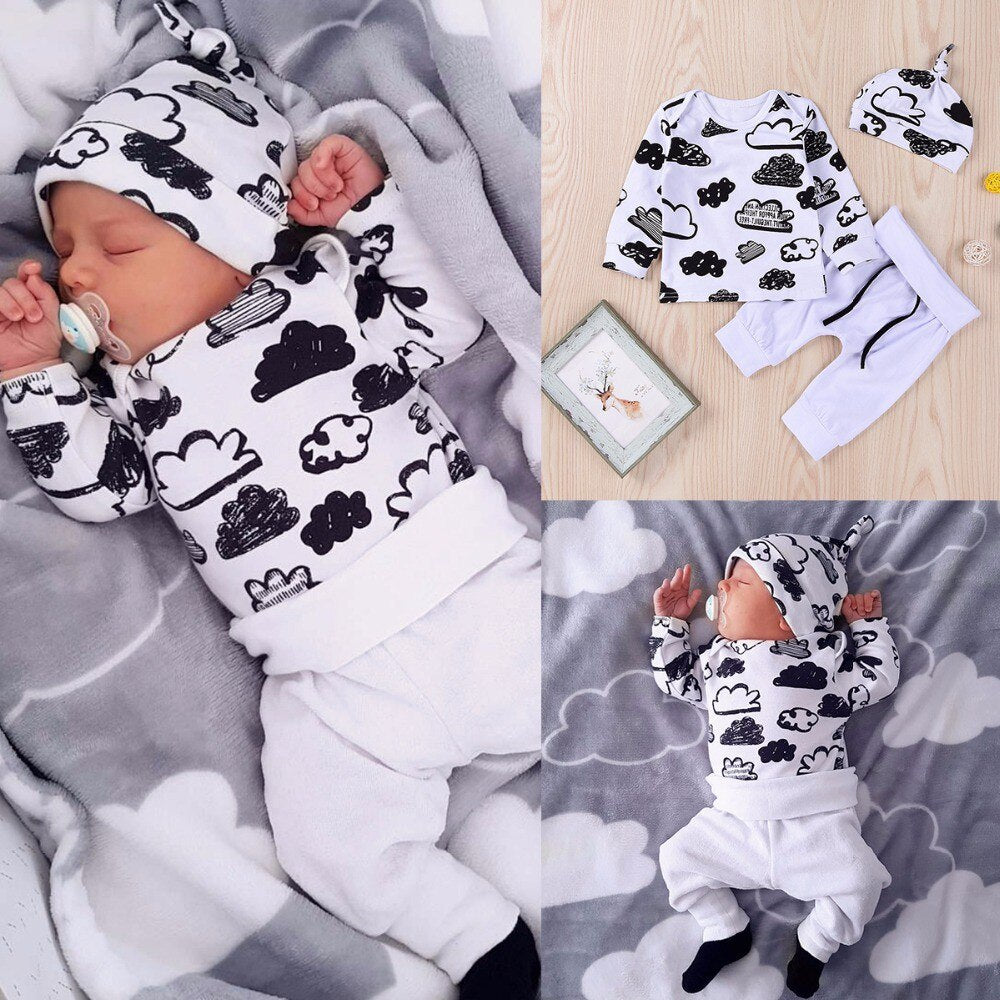 3PCS Cloud Print Top & Pant Unisex Baby Clothes Set childrensterritory
