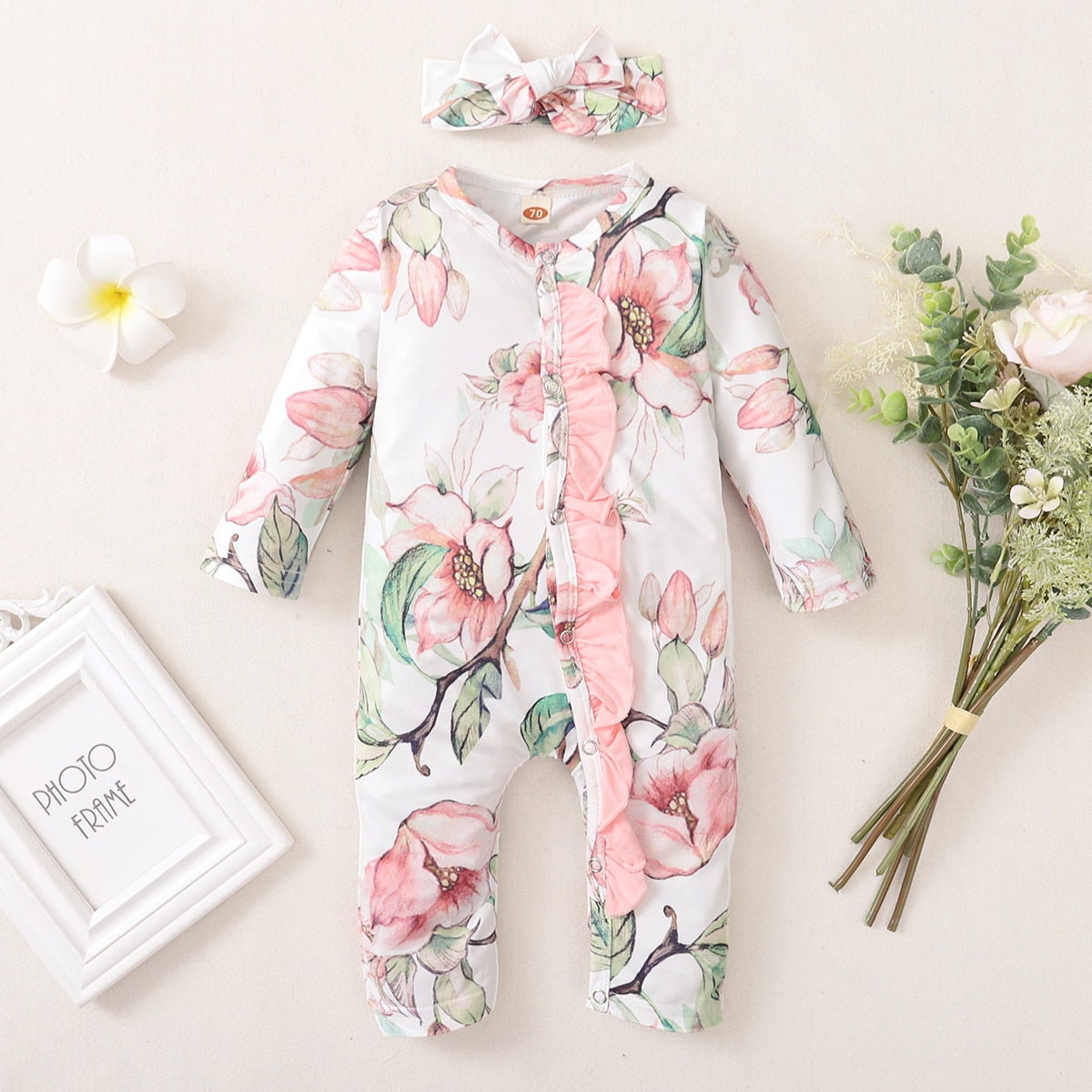Baby Girl Floral Bodysuit with Bow-knot Headband childrensterritory