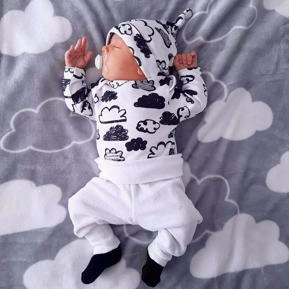 3PCS Cloud Print Top & Pant Unisex Baby Clothes Set childrensterritory