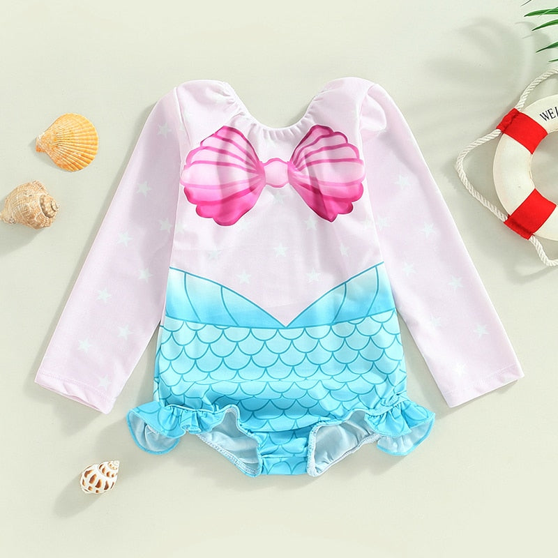 Seashell Print Toddler Girls Mermaid Style Swimsuit childrensterritory