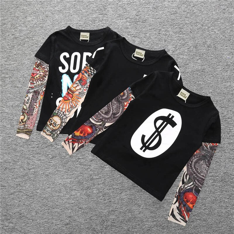 Letter Printed Kids Boys T-shirts with Tattoo Sleeves childrensterritory