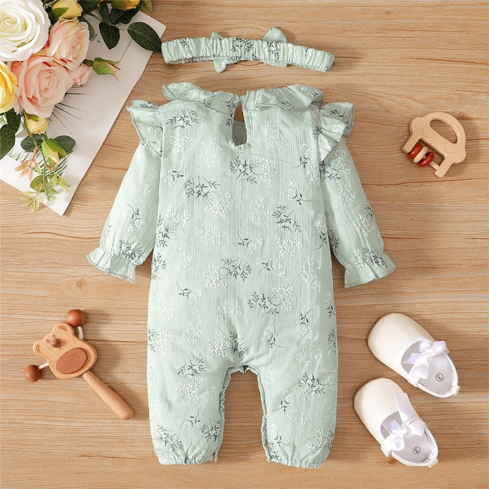 Leaf Print Long Sleeve Baby Girl Romper with Headband childrensterritory
