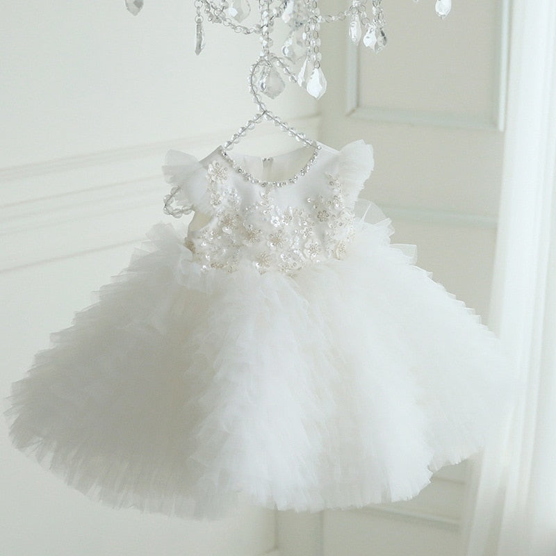 Pearl-Decorated Multilayared Baby Christening Dress childrensterritory