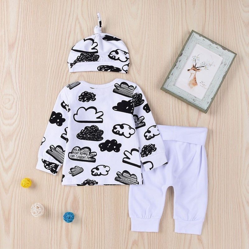 3PCS Cloud Print Top & Pant Unisex Baby Clothes Set childrensterritory