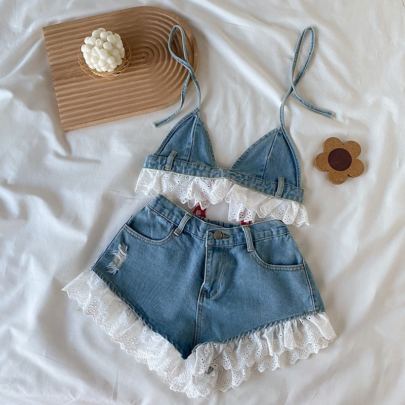 Denim Crop Top + Shorts Summer Clothing Set for 3-16years Girls childrensterritory