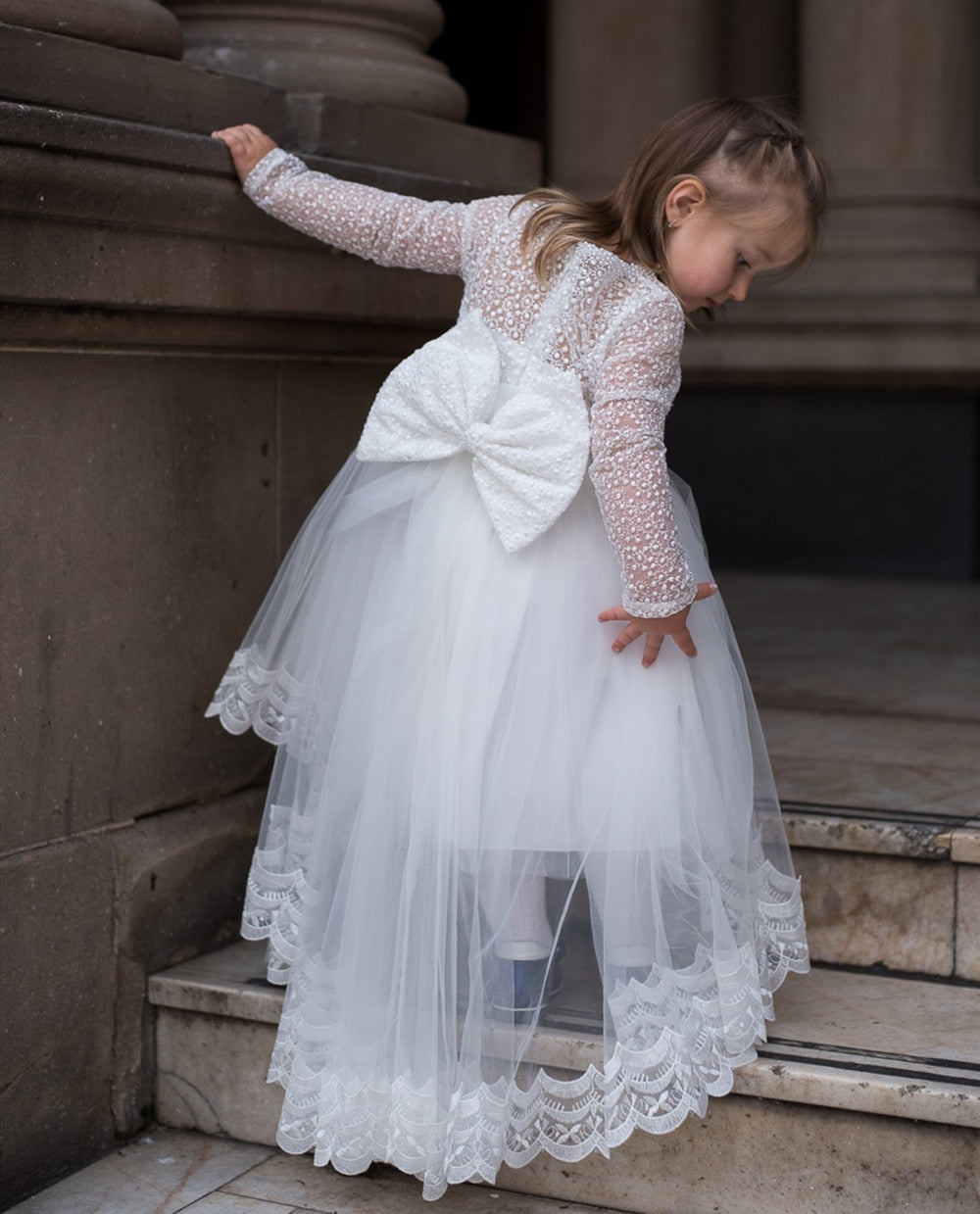 White Lace Girls Tulle Big Bow Princess Dress for First Communion childrensterritory