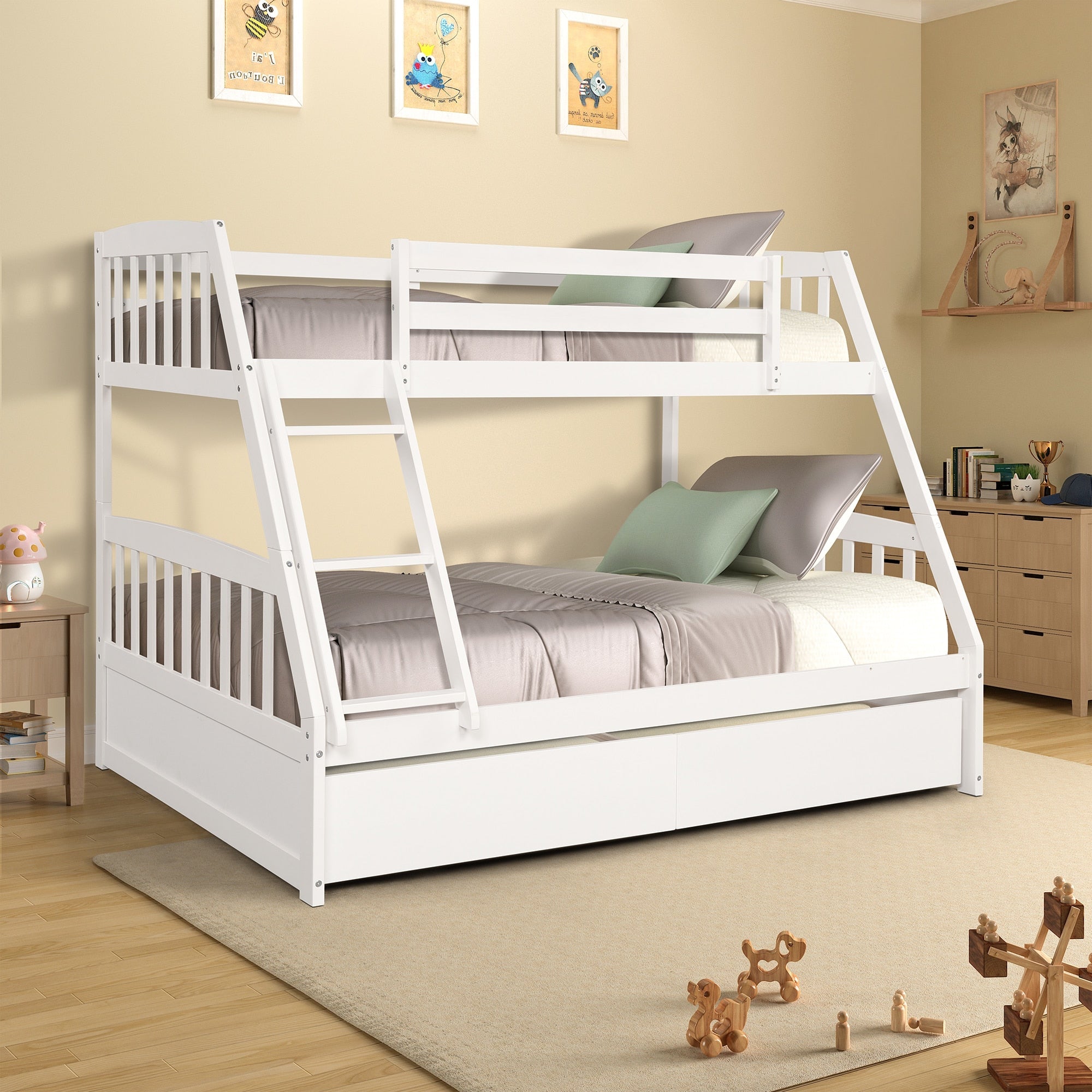 Solid Wood Twin Over Full Bunk Bed with Storage Boxes childrensterritory