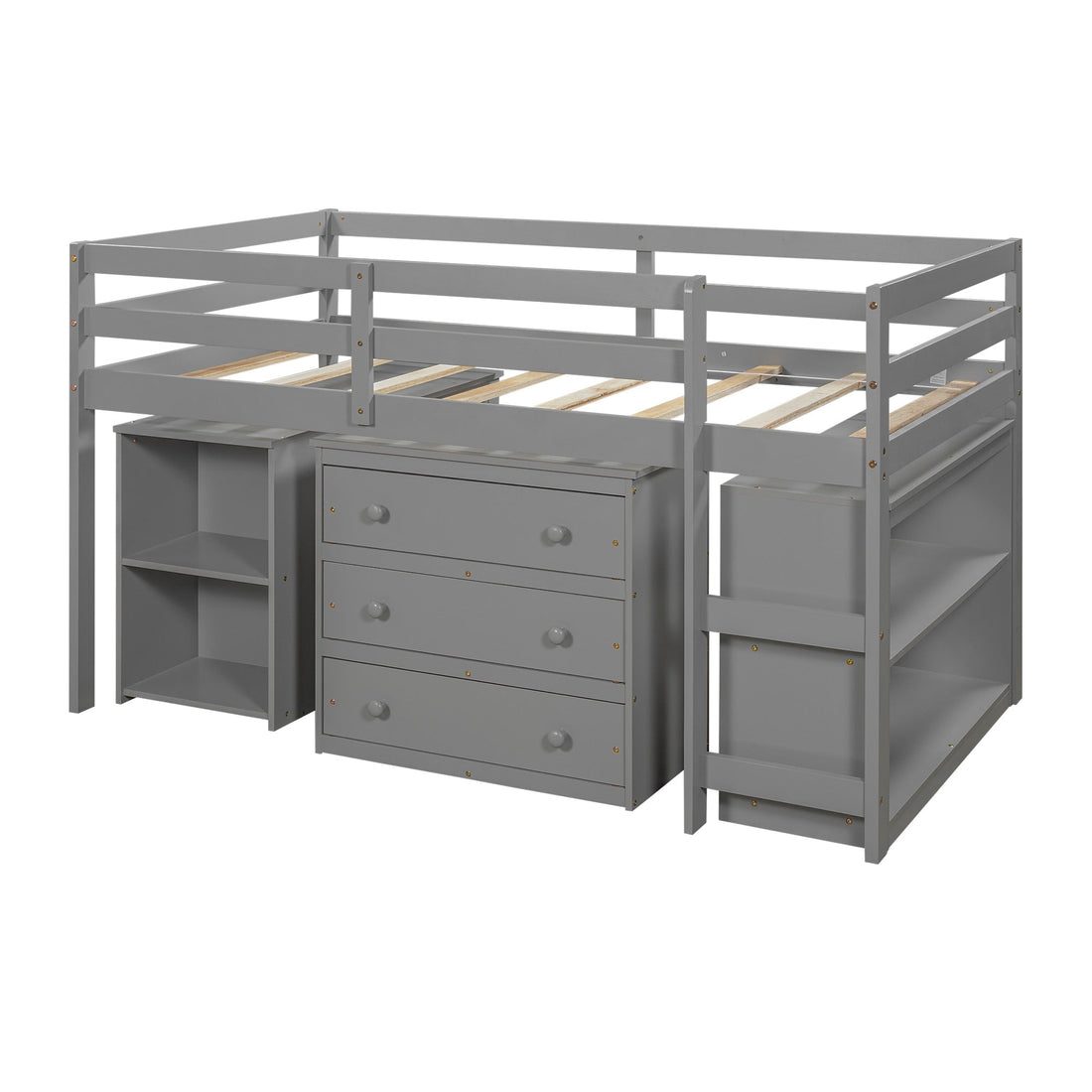 Twin Size Loft Bed Frame with Cabinet & Portable Desk childrensterritory