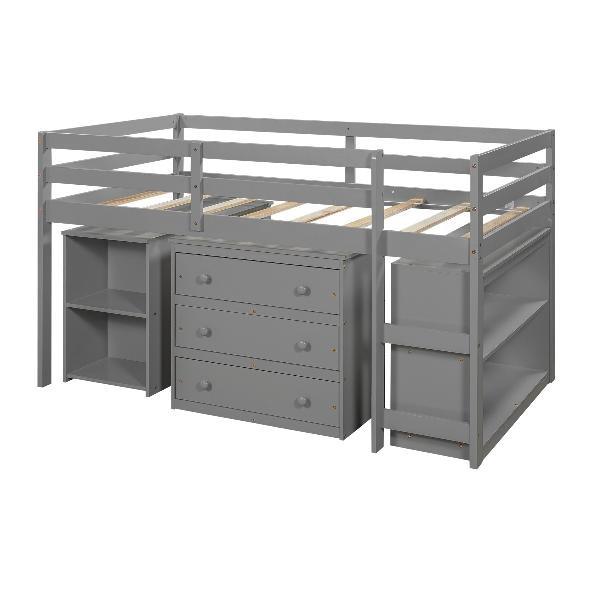 Twin Size Loft Bed Frame with Cabinet & Portable Desk childrensterritory