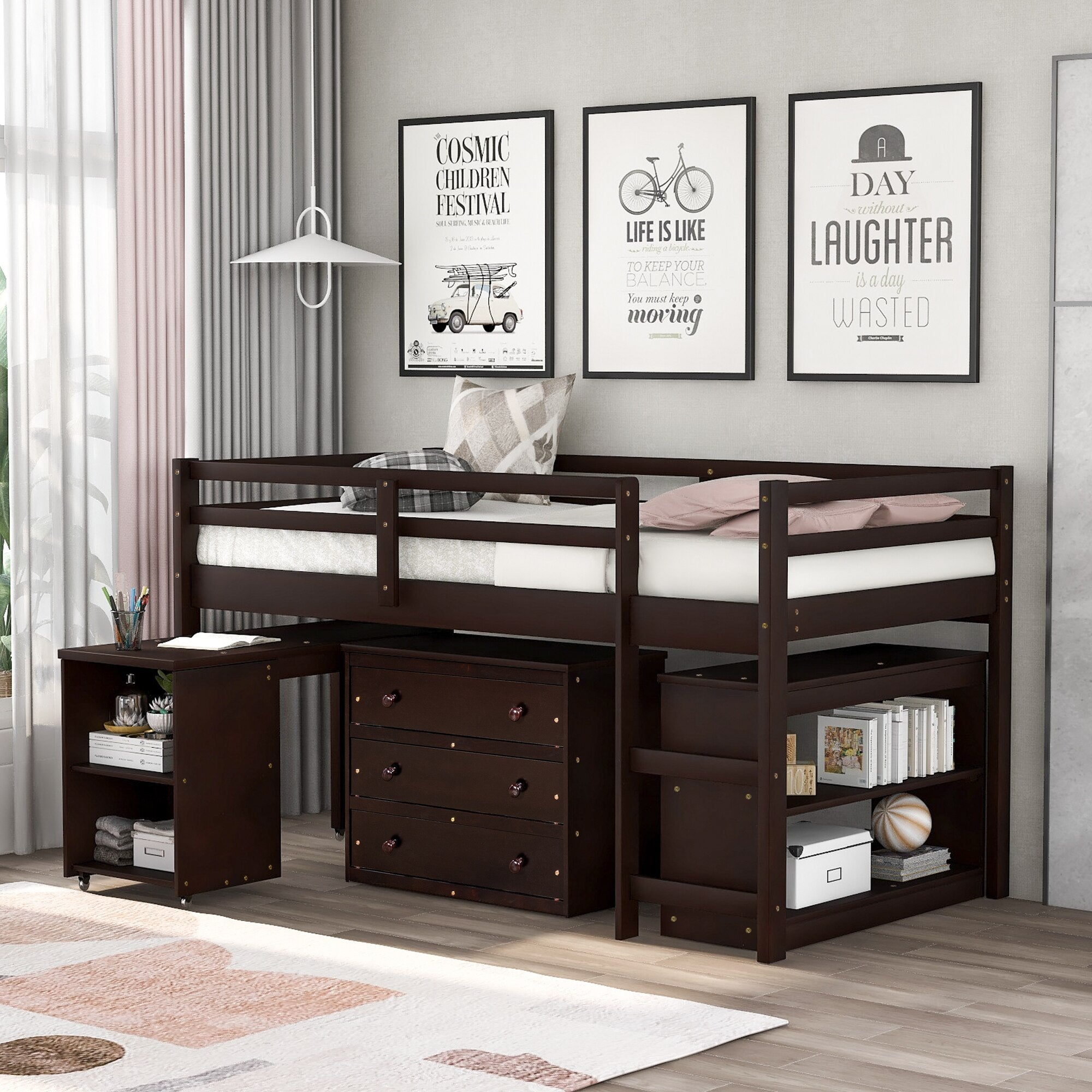Twin Size Loft Bed Frame with Cabinet & Portable Desk childrensterritory