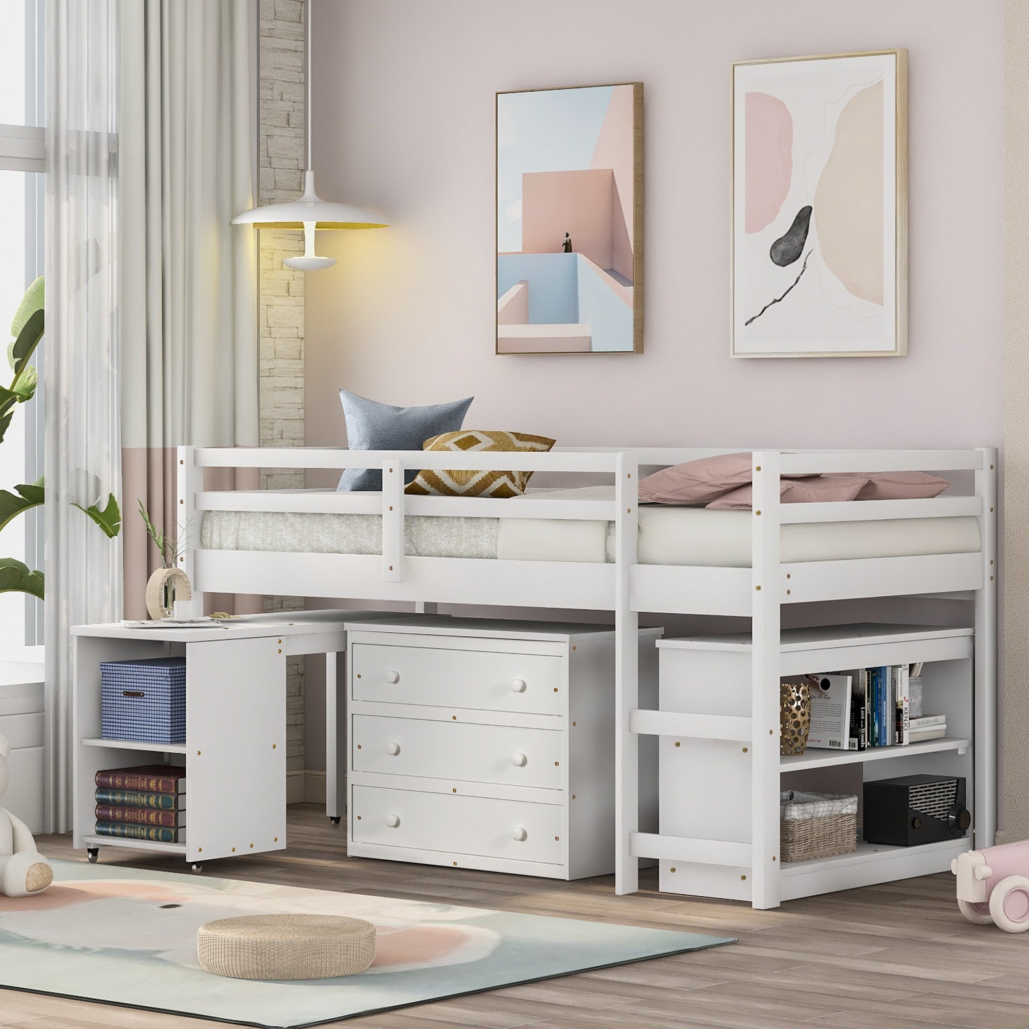 Twin Size Loft Bed Frame with Cabinet & Portable Desk childrensterritory