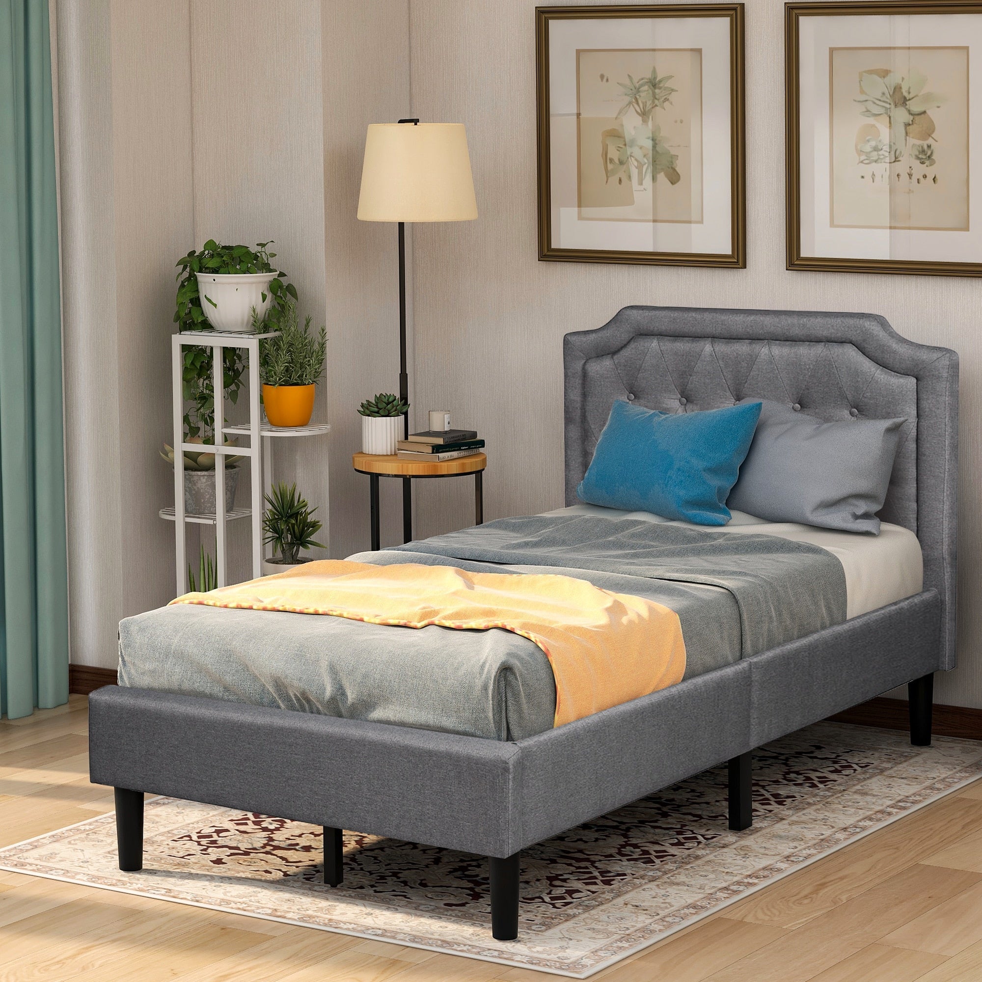 Twin Size Upholstered Scalloped Linen Platform Bed childrensterritory