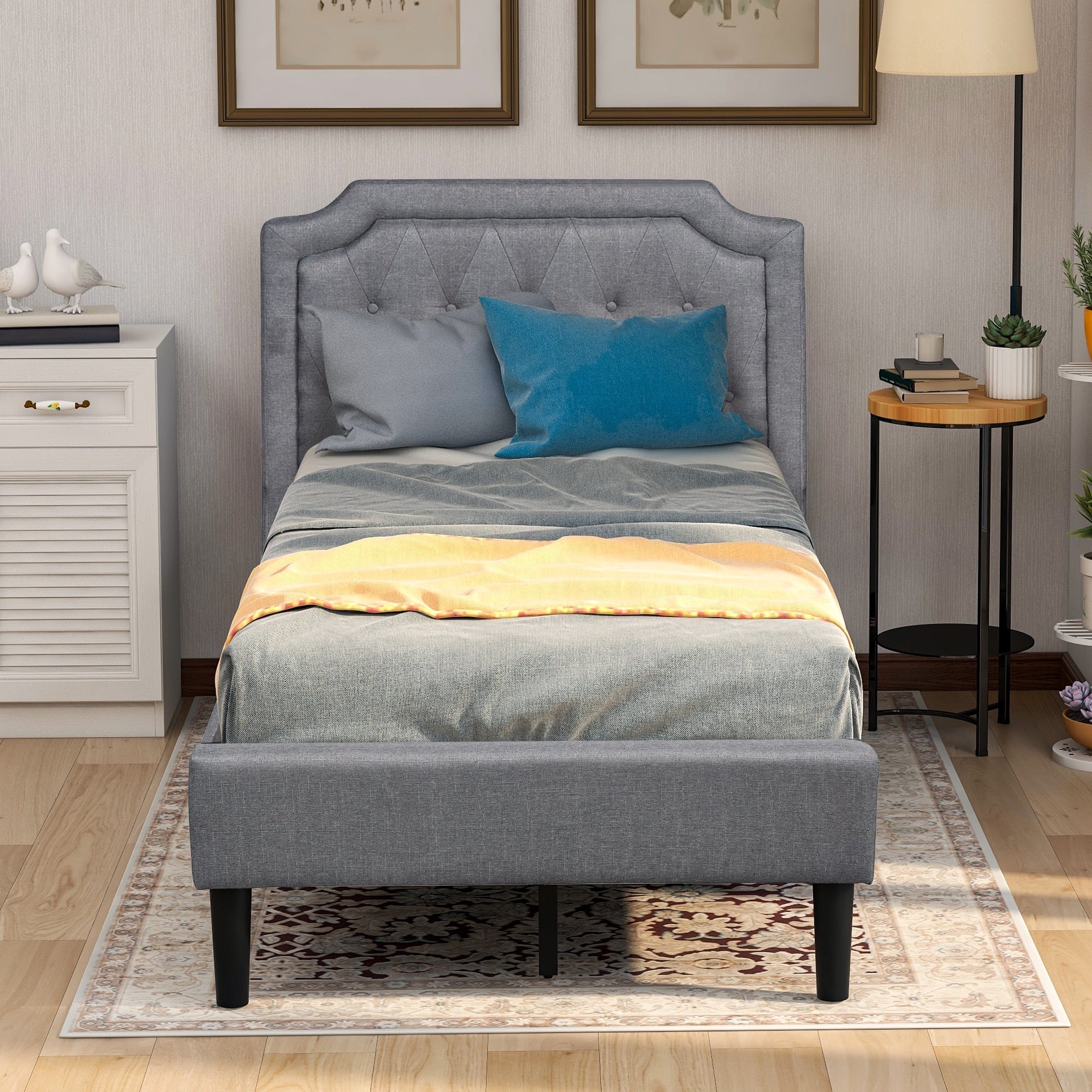 Twin Size Upholstered Scalloped Linen Platform Bed childrensterritory