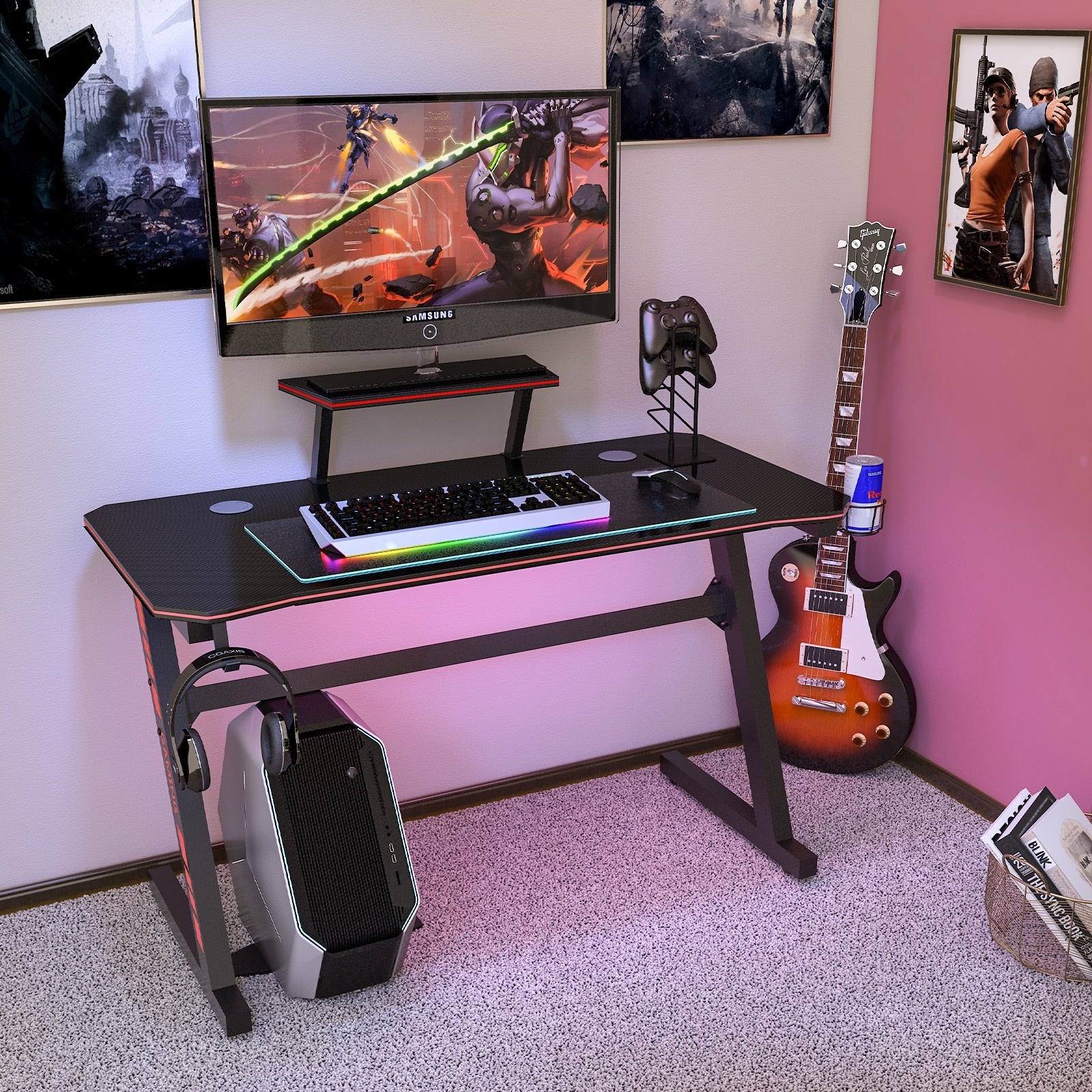 Z Shape Black MDF Gaming Desk with PC Holder childrensterritory