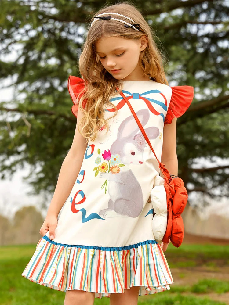 Cute Cartoon Print Summer Dress for Girls with Ruffled Hem childrensterritory