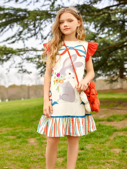 Cute Cartoon Print Summer Dress for Girls with Ruffled Hem childrensterritory