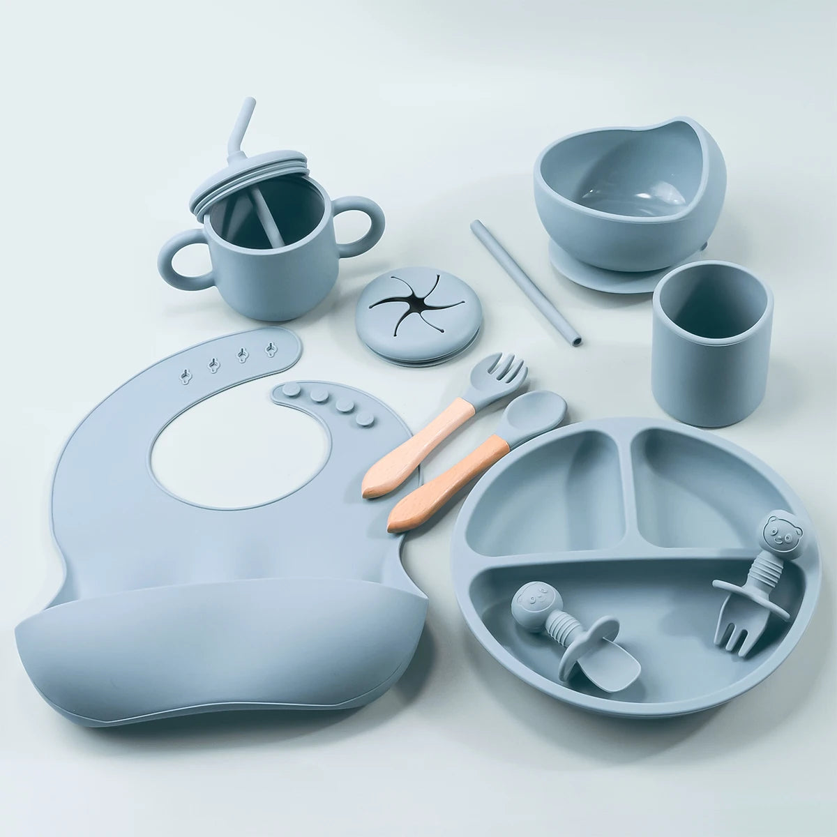 9pcs/set Waterproof Baby Silicone Feeding Set with Bib Gift childrensterritory