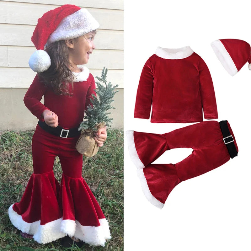 Kids Elegant Velvet Suit with Bell Bottom Pants for Christmas