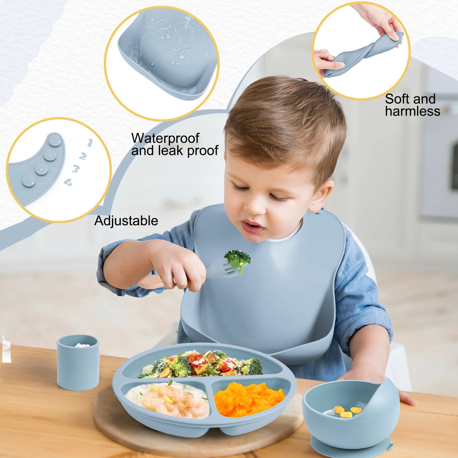 9pcs/set Waterproof Baby Silicone Feeding Set with Bib Gift childrensterritory