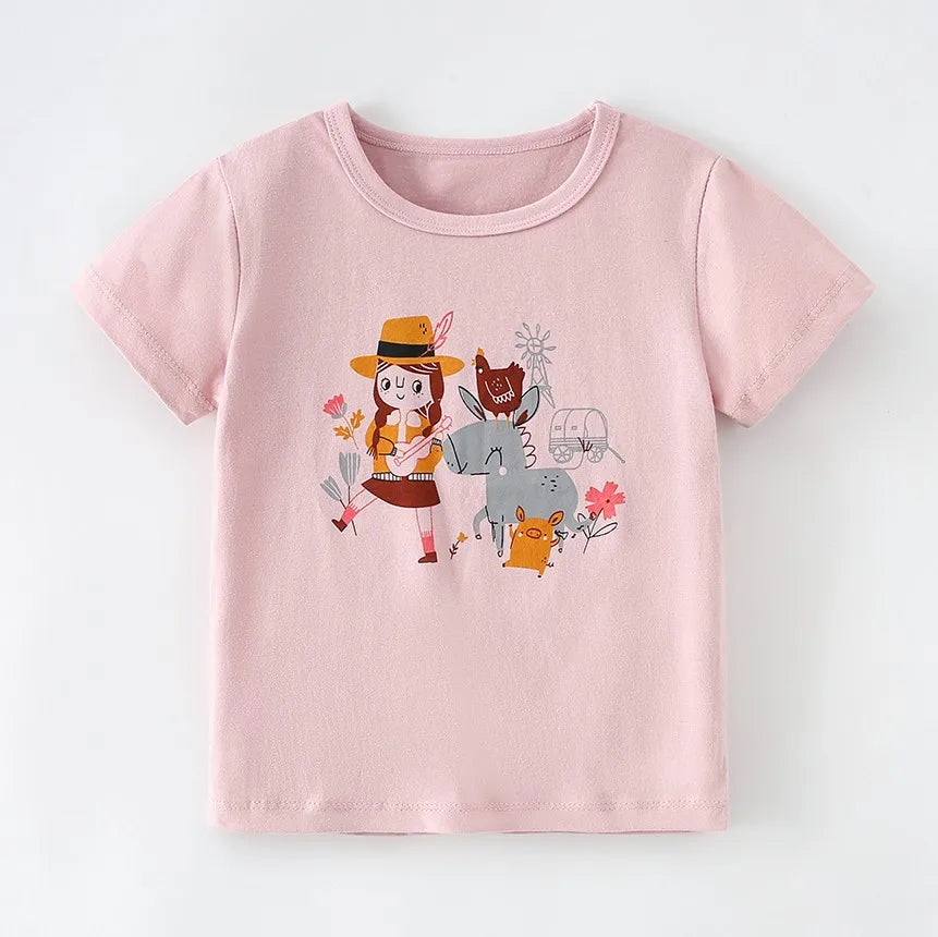 Kids Girls Stylish Cartoon Animal Prints Cotton Tops Tees for Summer childrensterritory