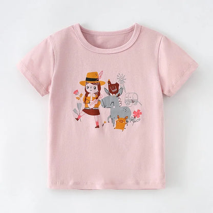 Kids Girls Stylish Cartoon Animal Prints Cotton Tops Tees for Summer childrensterritory