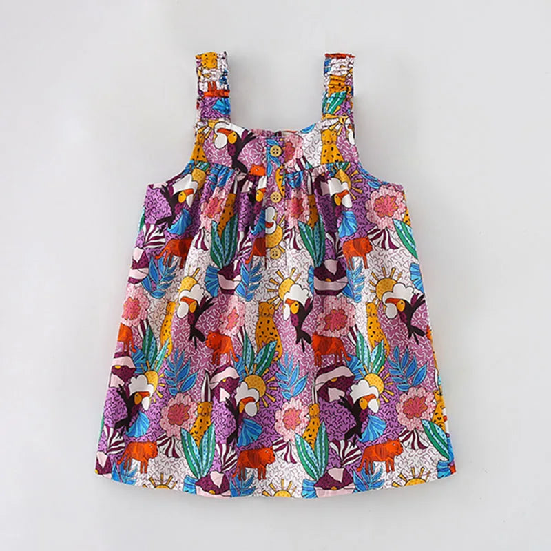 Kids Girls Cartoon Flower Print Cotton Summer A-LINE Dress childrensterritory