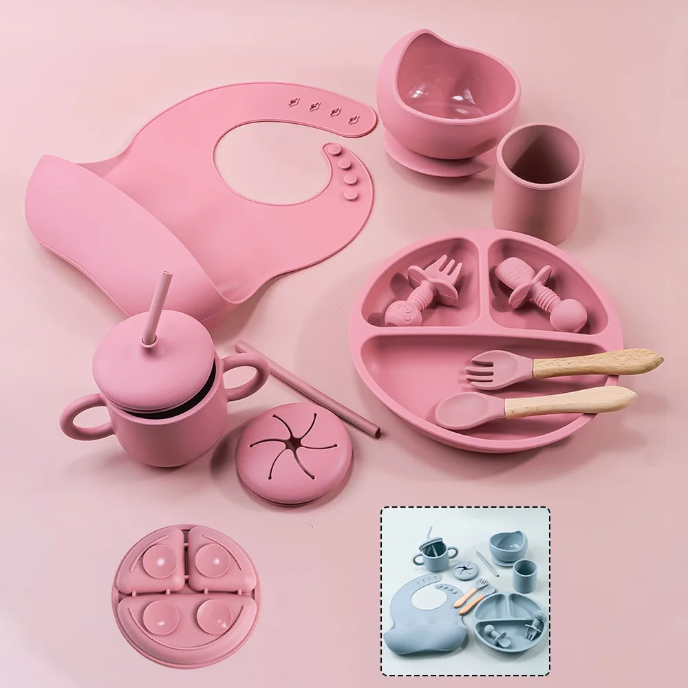 9pcs/set Waterproof Baby Silicone Feeding Set with Bib Gift childrensterritory
