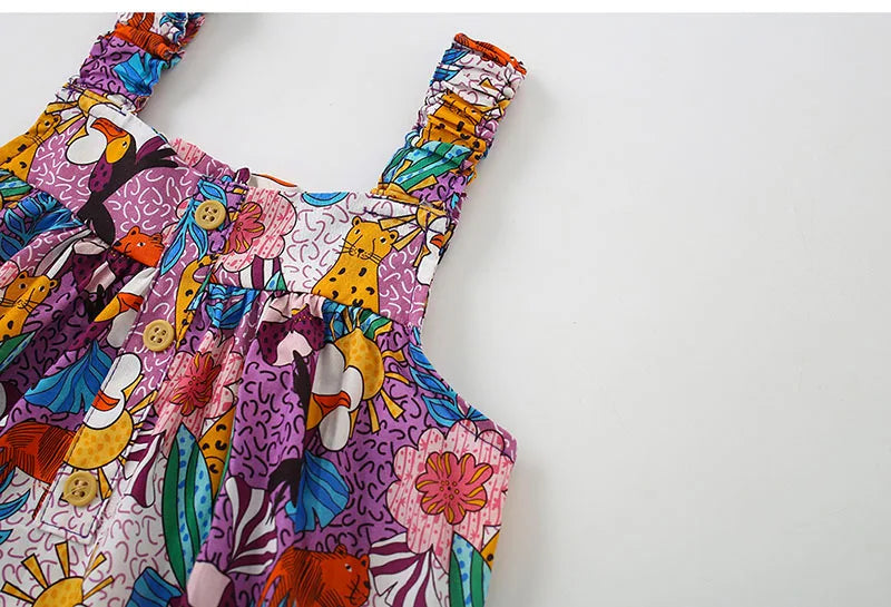 Kids Girls Cartoon Flower Print Cotton Summer A-LINE Dress childrensterritory