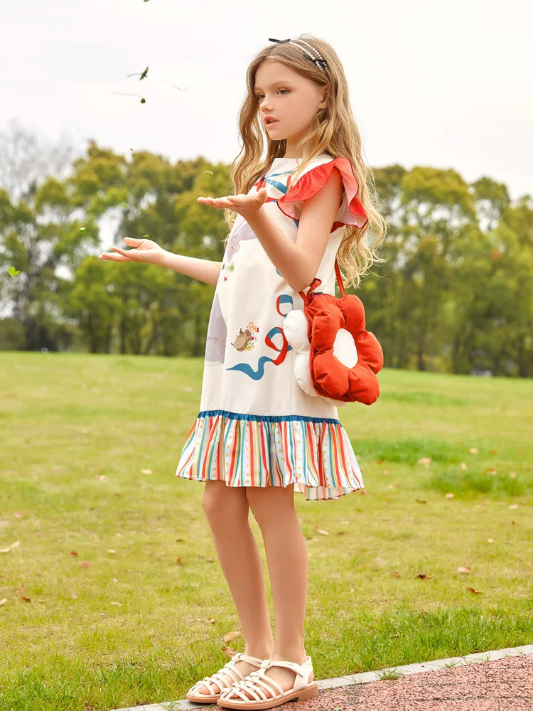 Cute Cartoon Print Summer Dress for Girls with Ruffled Hem childrensterritory