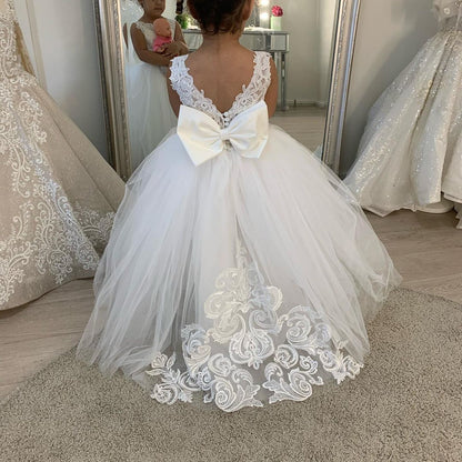 Kids Girls Backless Tutu Wedding Party Dresses with Long Train childrensterritory
